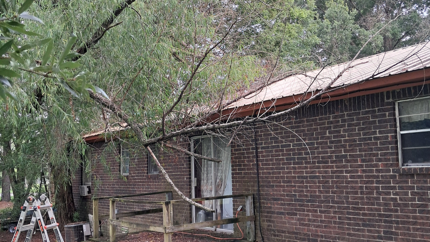 A brick building with a ladder leaning against it